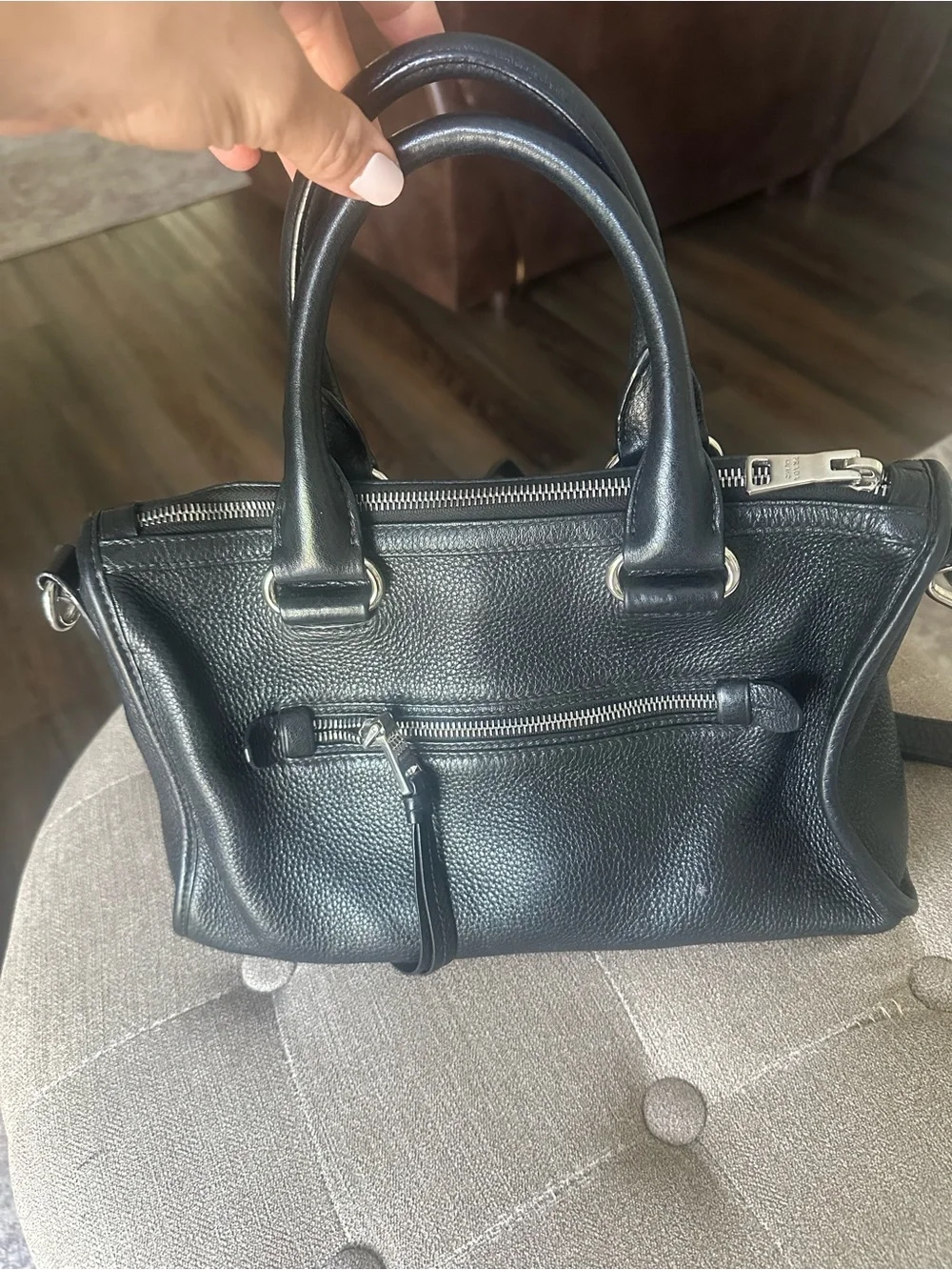 Prada Black Pebbled Leather Messenger Bag with Silver-Tone Hardware